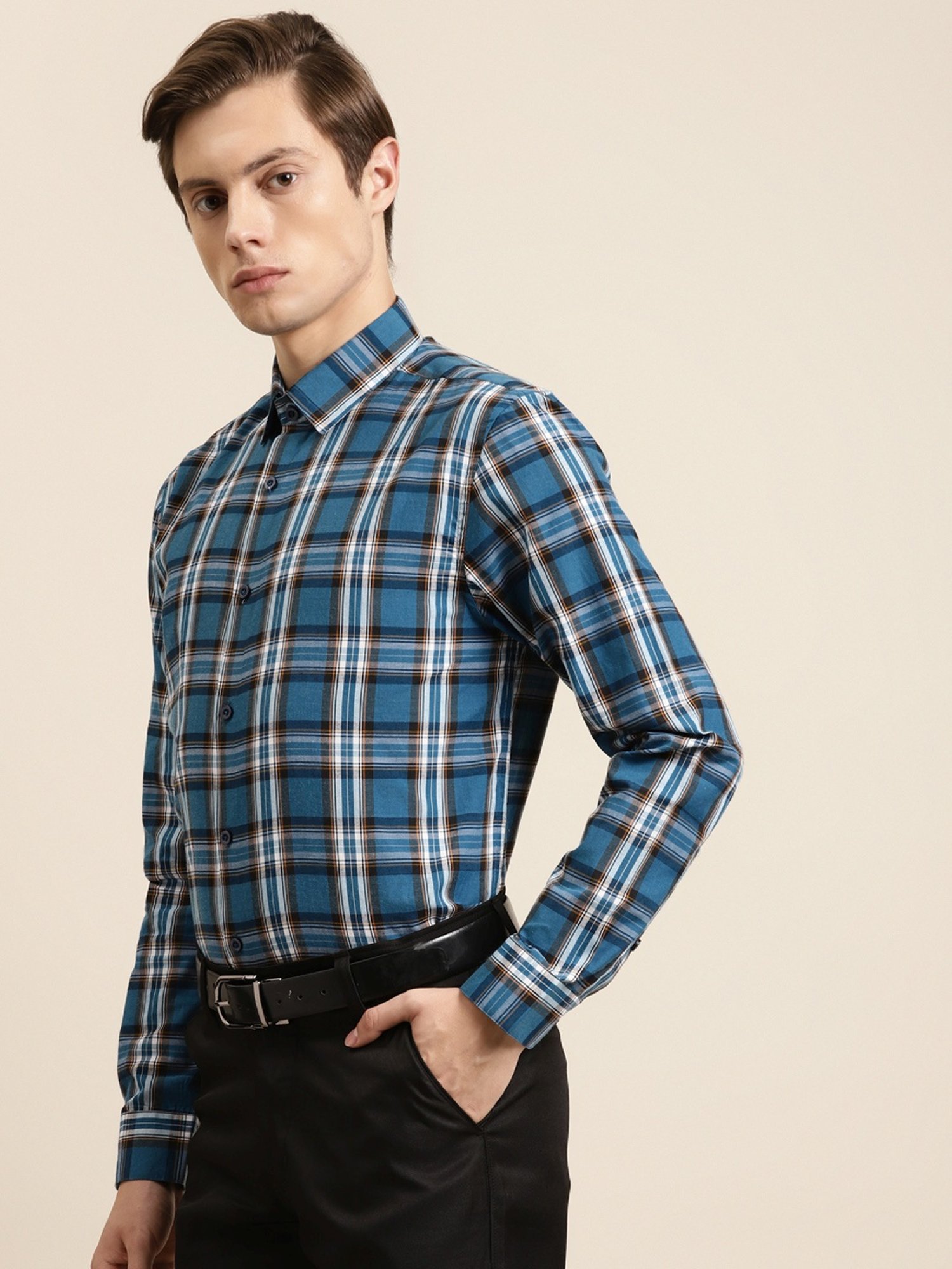 Sojanya Blue Cotton Regular Fit Checks Shirt