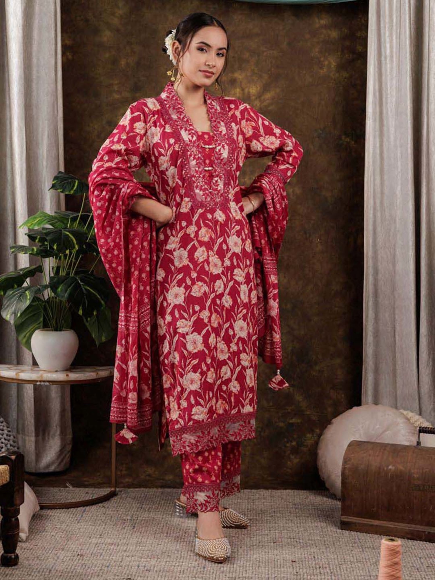 Yufta Pink Cotton Printed Kurta Pant Set With Dupatta