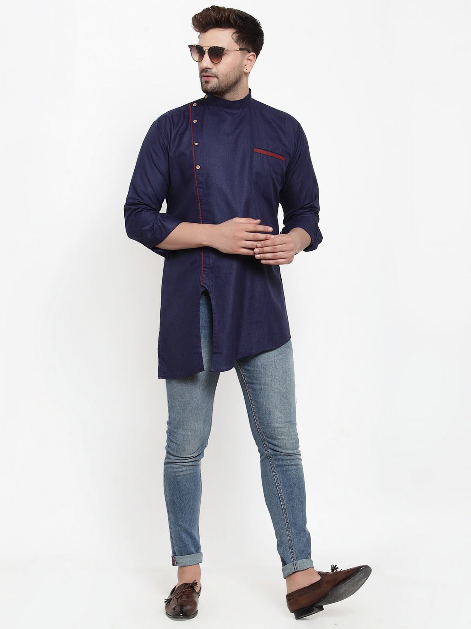 Benstoke Navy Regular Fit Short Kurta