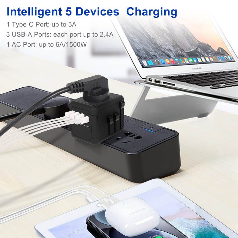 Universal Travel Adapter International Travel Adapter All In On World Power Adaptor Charger With 6.0A Smart Power & 3.6A USB Type-C For USA, EU, UK, AUS 150+ Countries