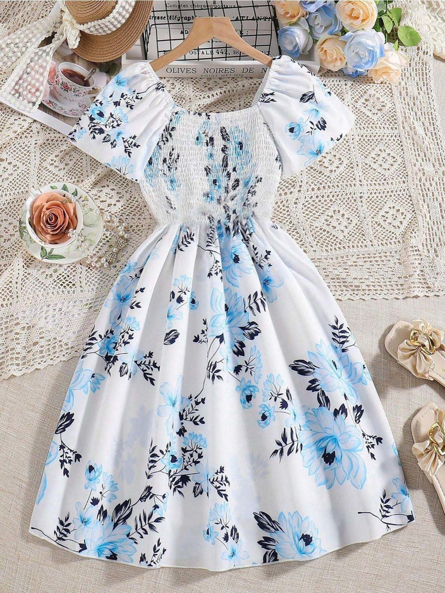 Bolly Lounge Girls Sea Foam White & Blue Floral Dress