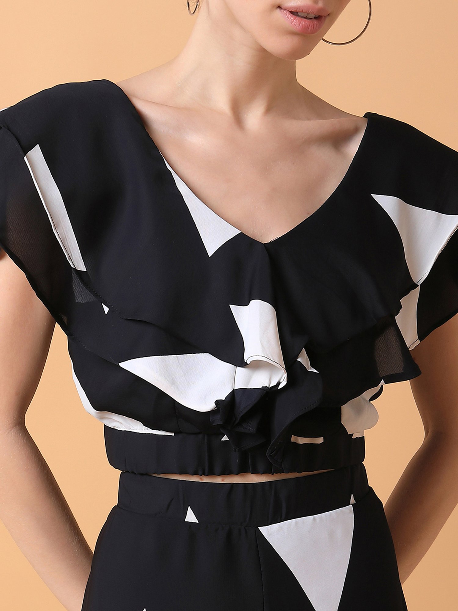 SHOWOFF Black & White Printed Crop Top With Palazzos