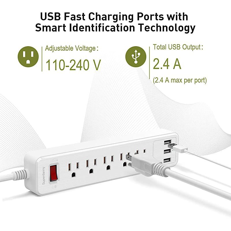 Mountable Surge Protector Power Strip with USB 5 Outlets 3 USB Ports Extension Cord with A Hook & Loop Fastener, for iPhone iPad Tablet PC Home Office Travel White