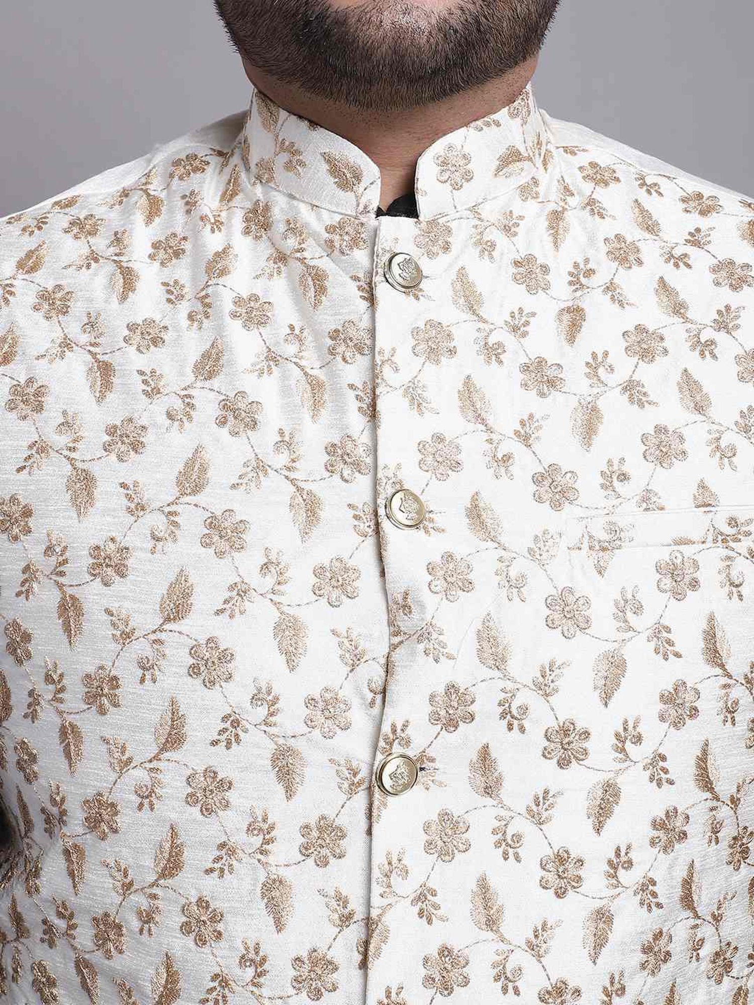 Sojanya Cream Regular Fit Embroidered Nehru Jacket