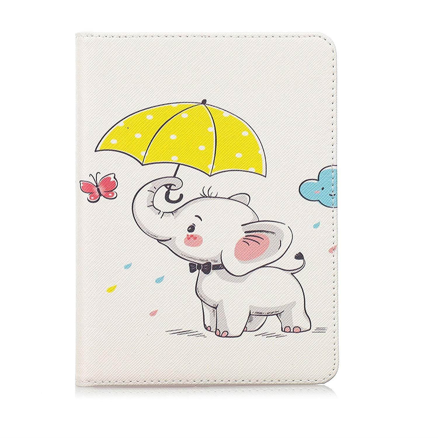 UUcovers Amazon Kindle 8th Tablet (2016 ONLY) Case, AUTO WAKE/SLEEP Ultra Slim Synthetic Leather Stand Smart Wallet Case with Cards/Cash Holder, Elephant Hold A Yellow Umbrella