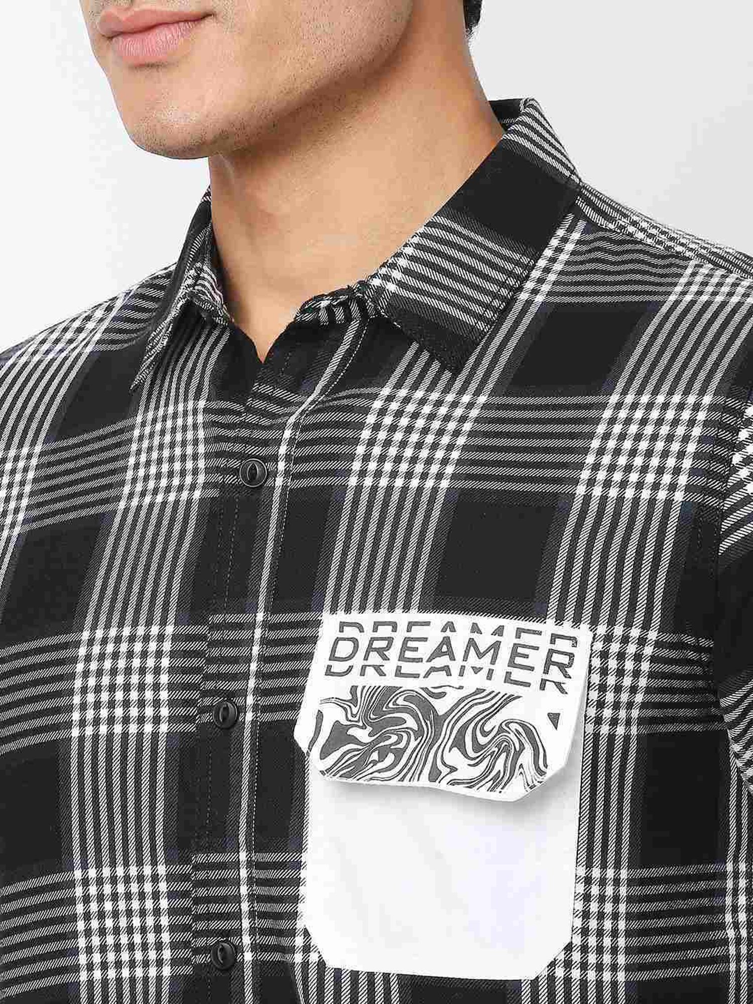 SOLEMIO Black & White Cotton Slim Fit Checks Shirt