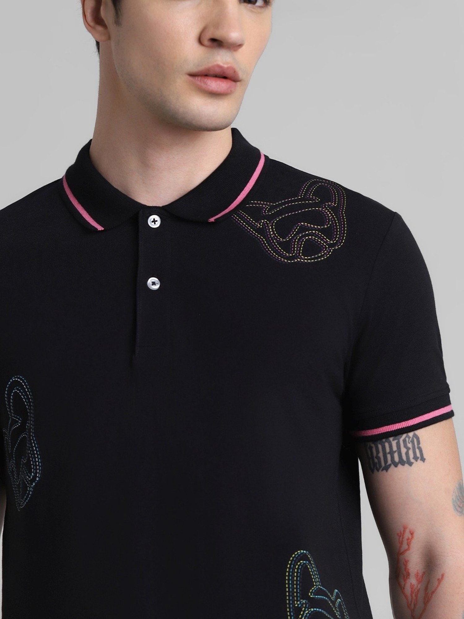 Jack & Jones Jet Black Cotton Slim Fit Self Pattern Polo T-Shirt