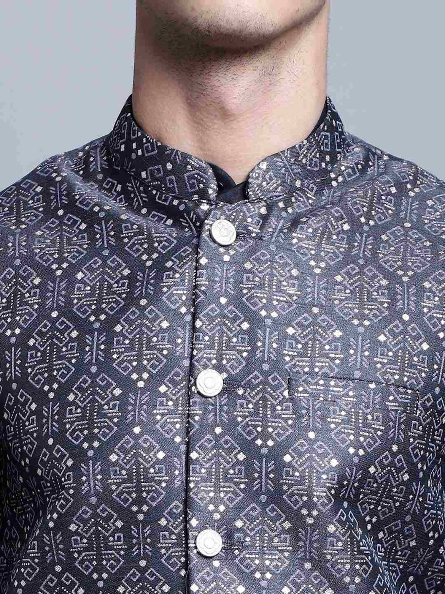 Jompers Charcoal Regular Fit Printed Nehru Jacket