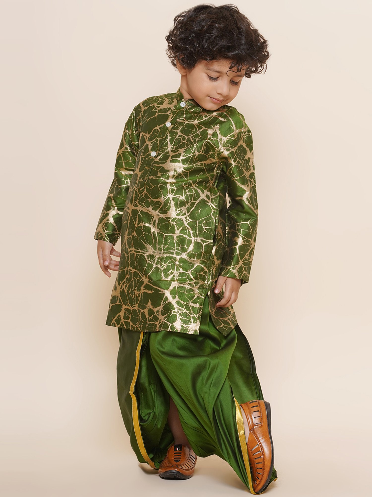 Sethukrishna Kids Olive Printed Full Sleeves Kurta With Dhoti
