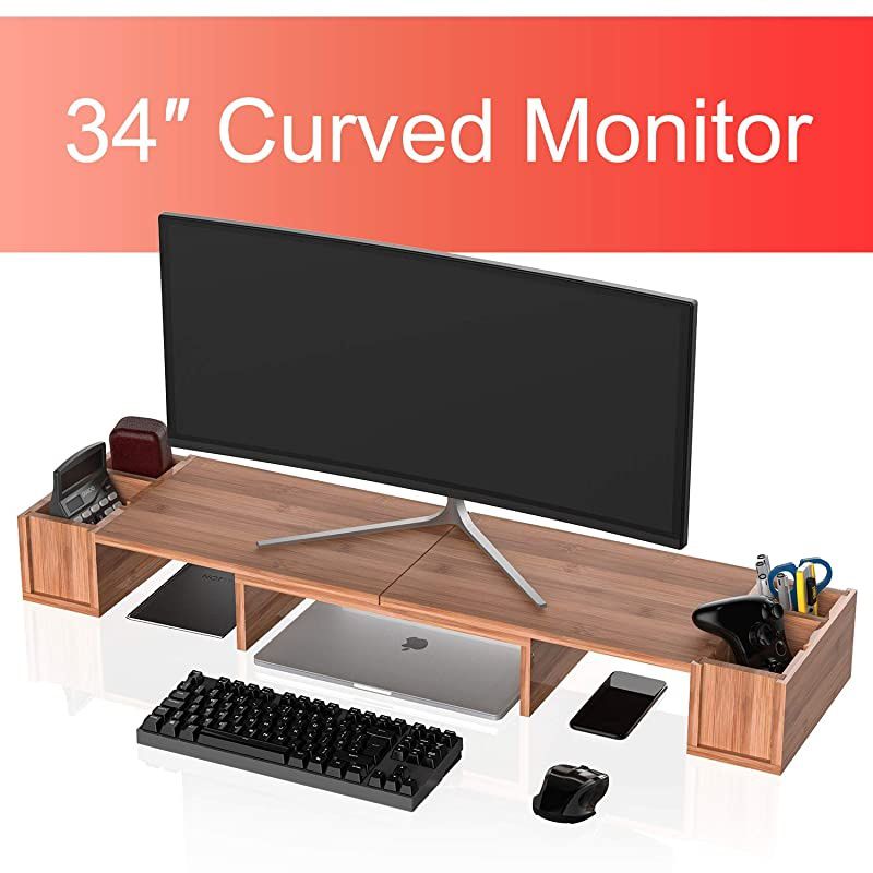 Large 3 Shelf Monitor Stand Riser with Adjustable Length Angle Storage OrganizerBamboo