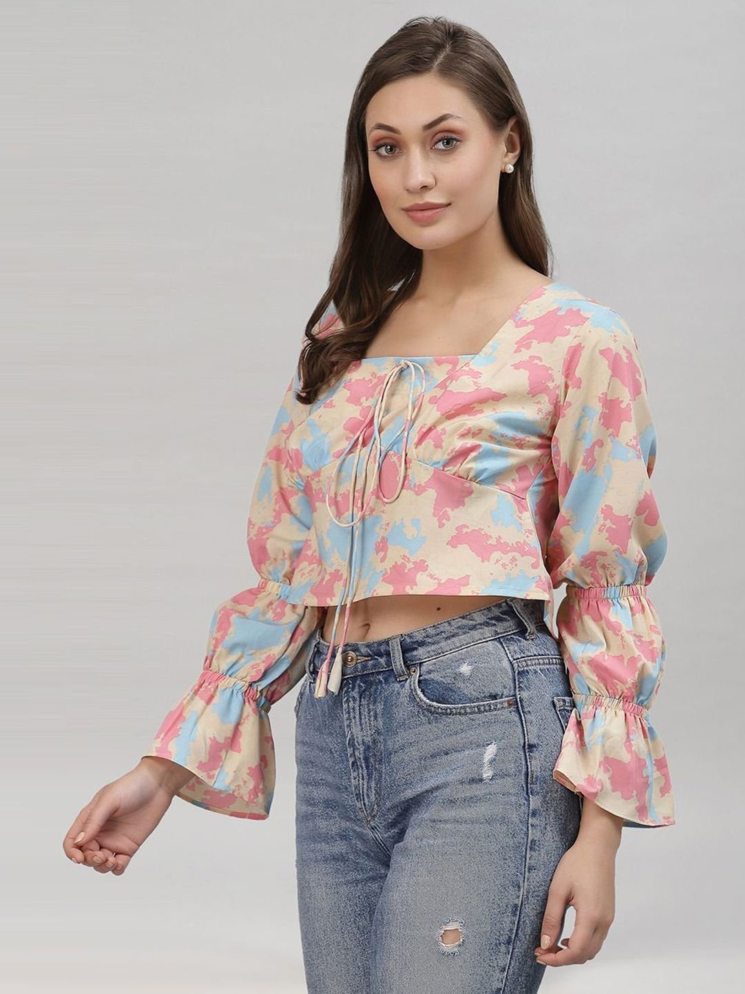 SELVIA Beige & Pink Printed Crop Top