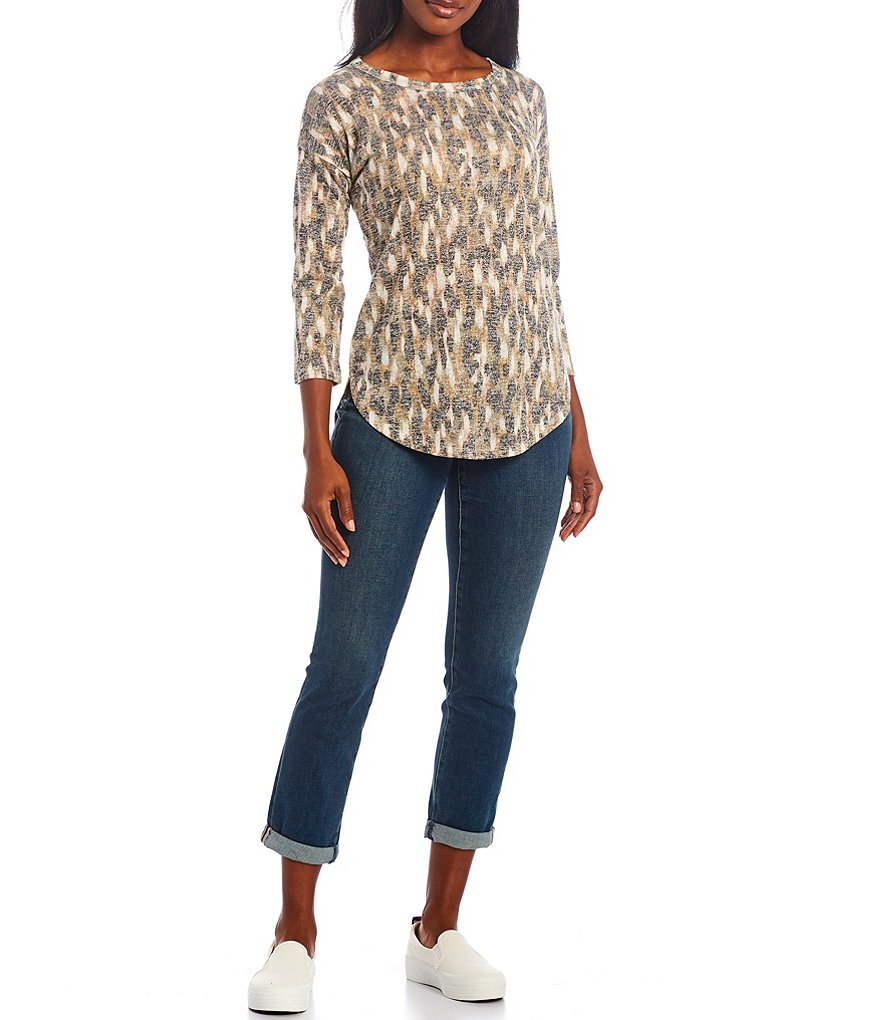 Bobeau Animal Print Slub Knit 3/4 Sleeve Hi-Low Top