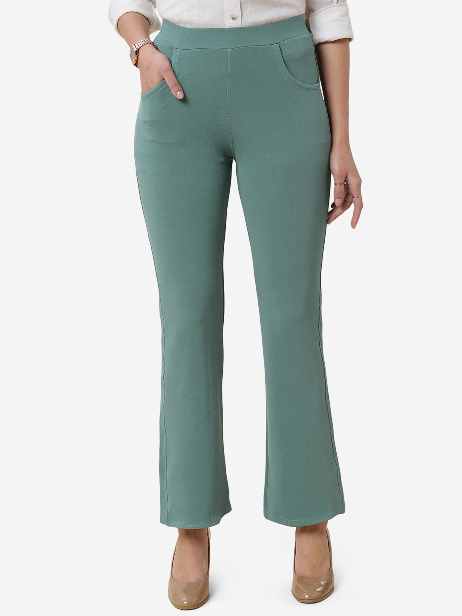 FITHUB Green Regular Fit High Rise Bootcut Trousers