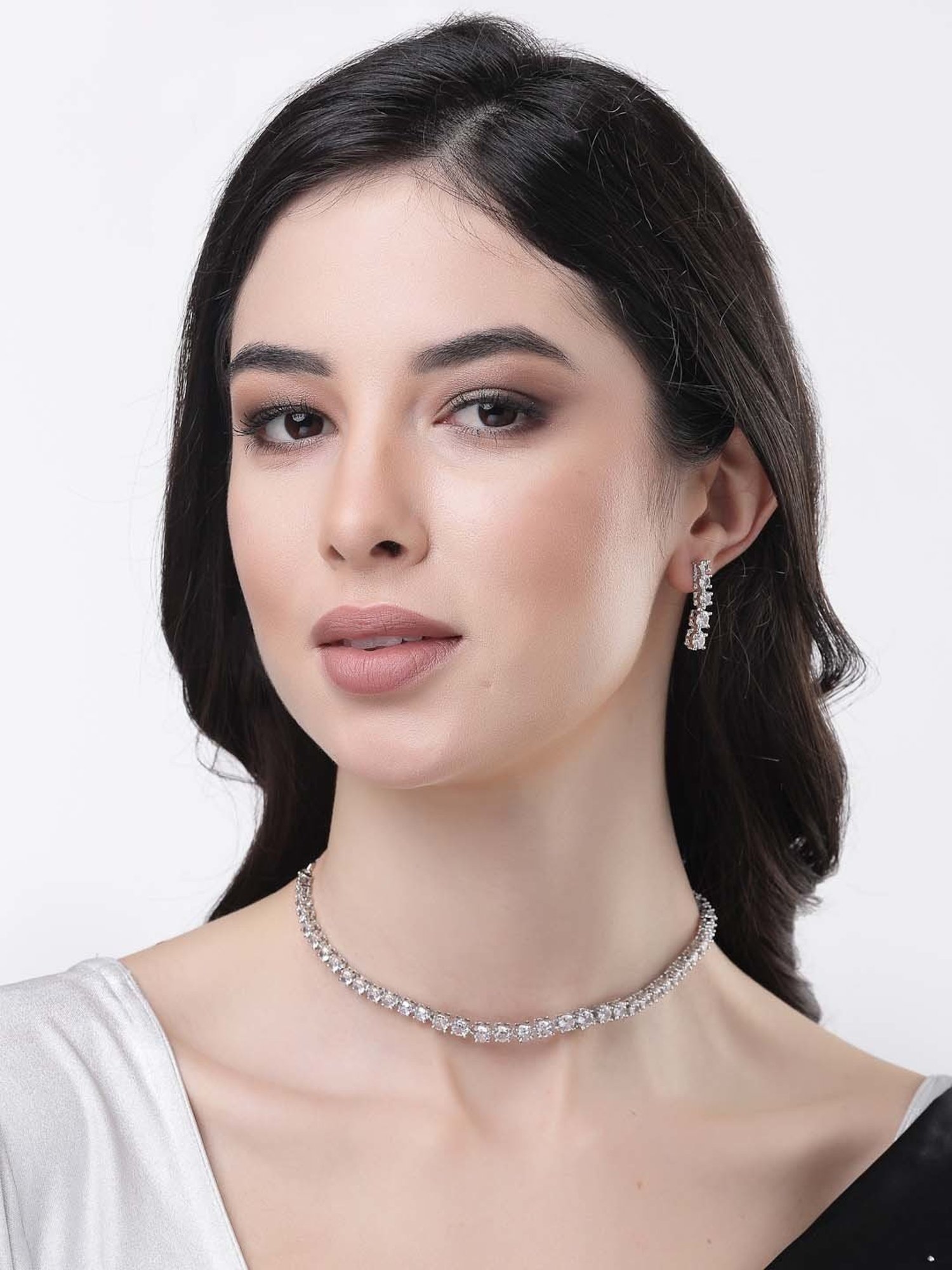 NVR Silver Plated CZ Stone Handcrafted Jewellery Set for Women