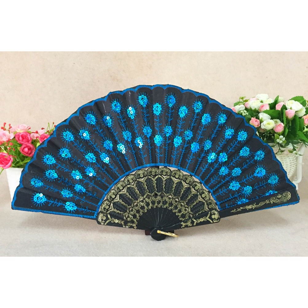 Fashionable Sequins Peacock Fan Handmade Dance Hand Fans for Performance Stage Show (Sky Blue)