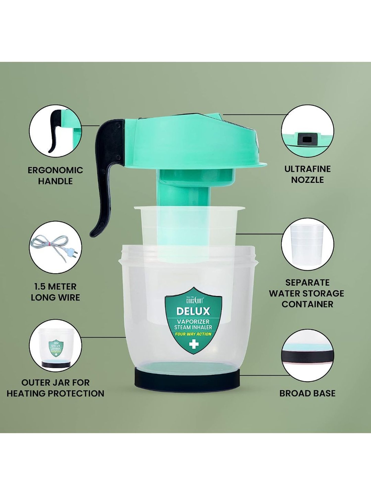 Crescent Delux Facial Steamer Vaporizer for Cold & Cough, Separate Water Container (Green)