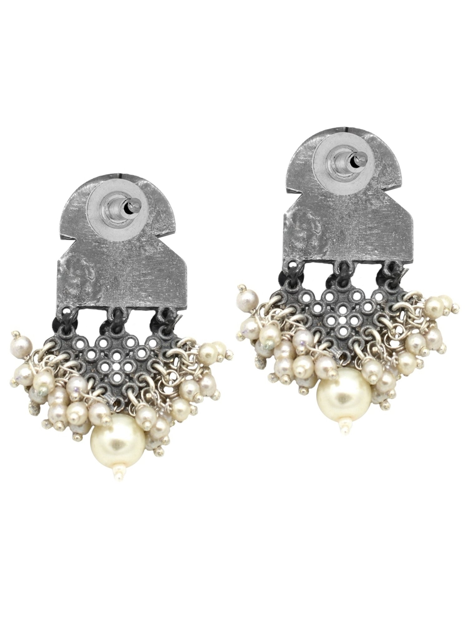 Teejh Ethnic Antique Silver Peacock Pearl Dangler Earrings