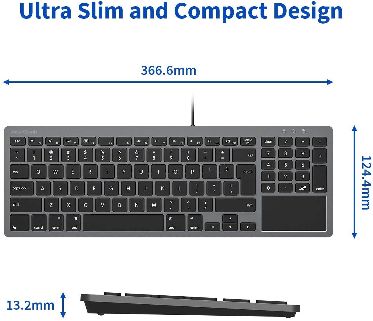 Wired Keyboard for Mac OS, Jelly Comb 2-in-1 (USB+Type C) Wired Keyboard with Touchpad Ultra Slim Compact USB Keyboard with Numeric Keypad for Mac OS/iPad Pro/iPad 2020-Black and Grey K068