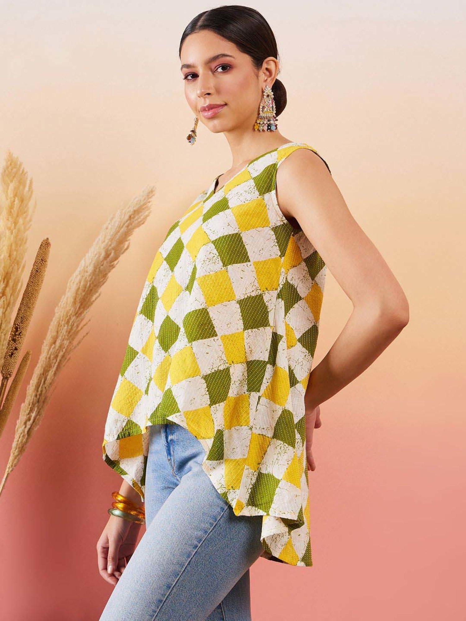 Inweave Yellow & Green Cotton Chequered Top