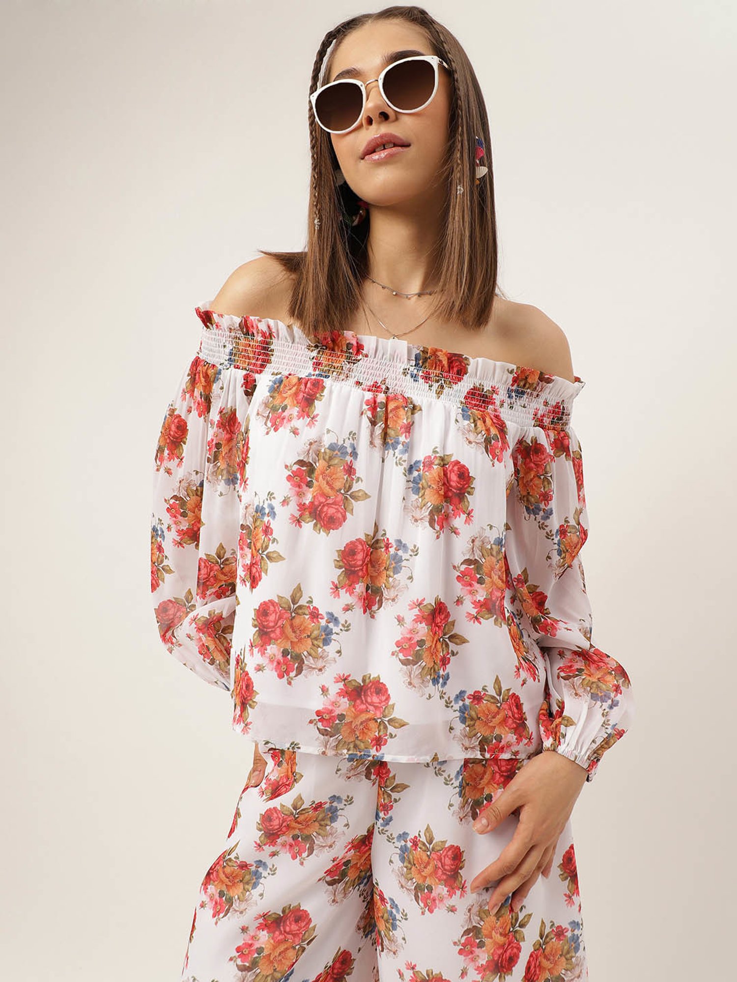 MASAKALI.CO White Floral Print Top With Sharara Pants