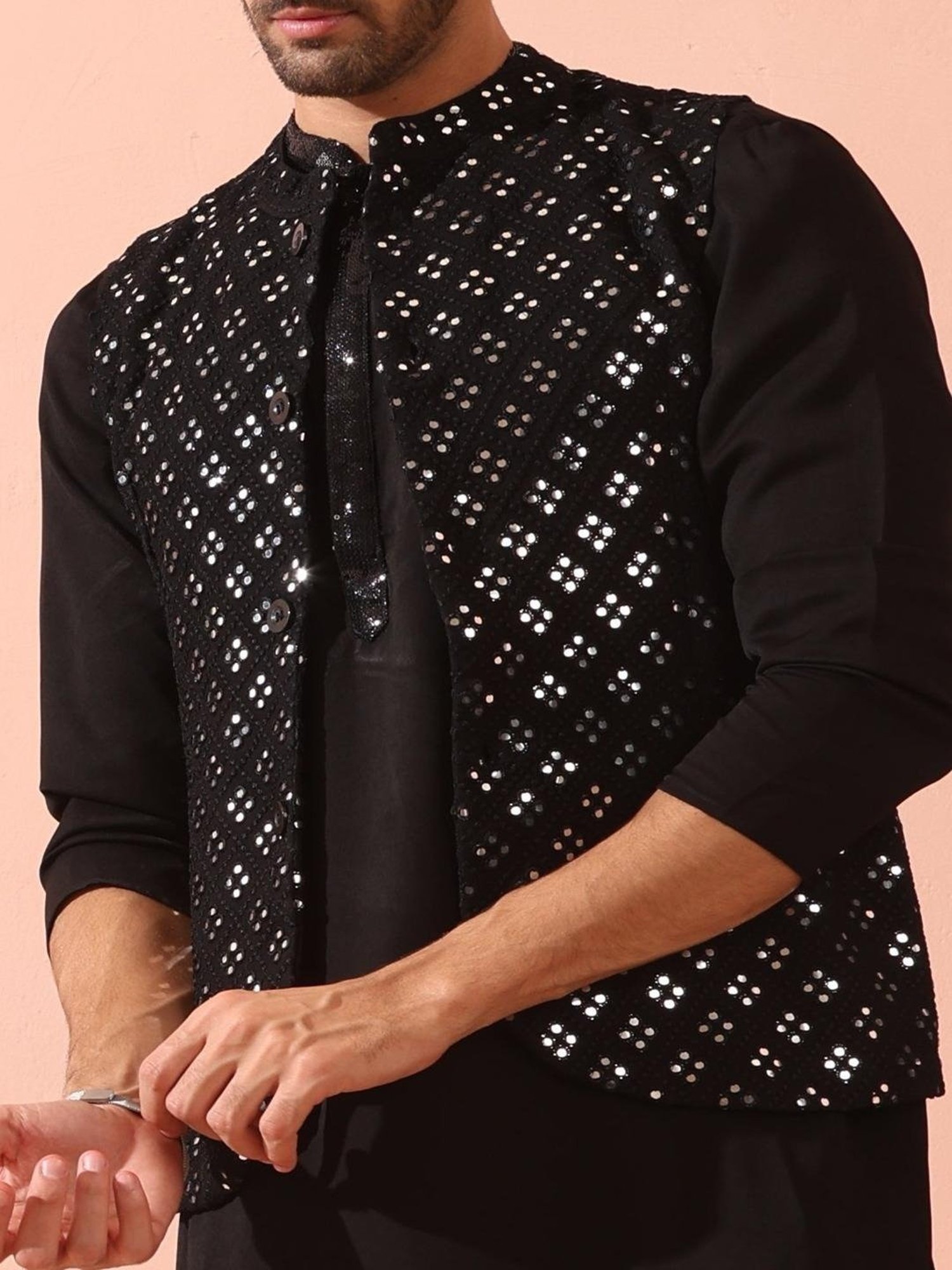 Swtantra Black Regular Fit Embellished Nehru Jacket