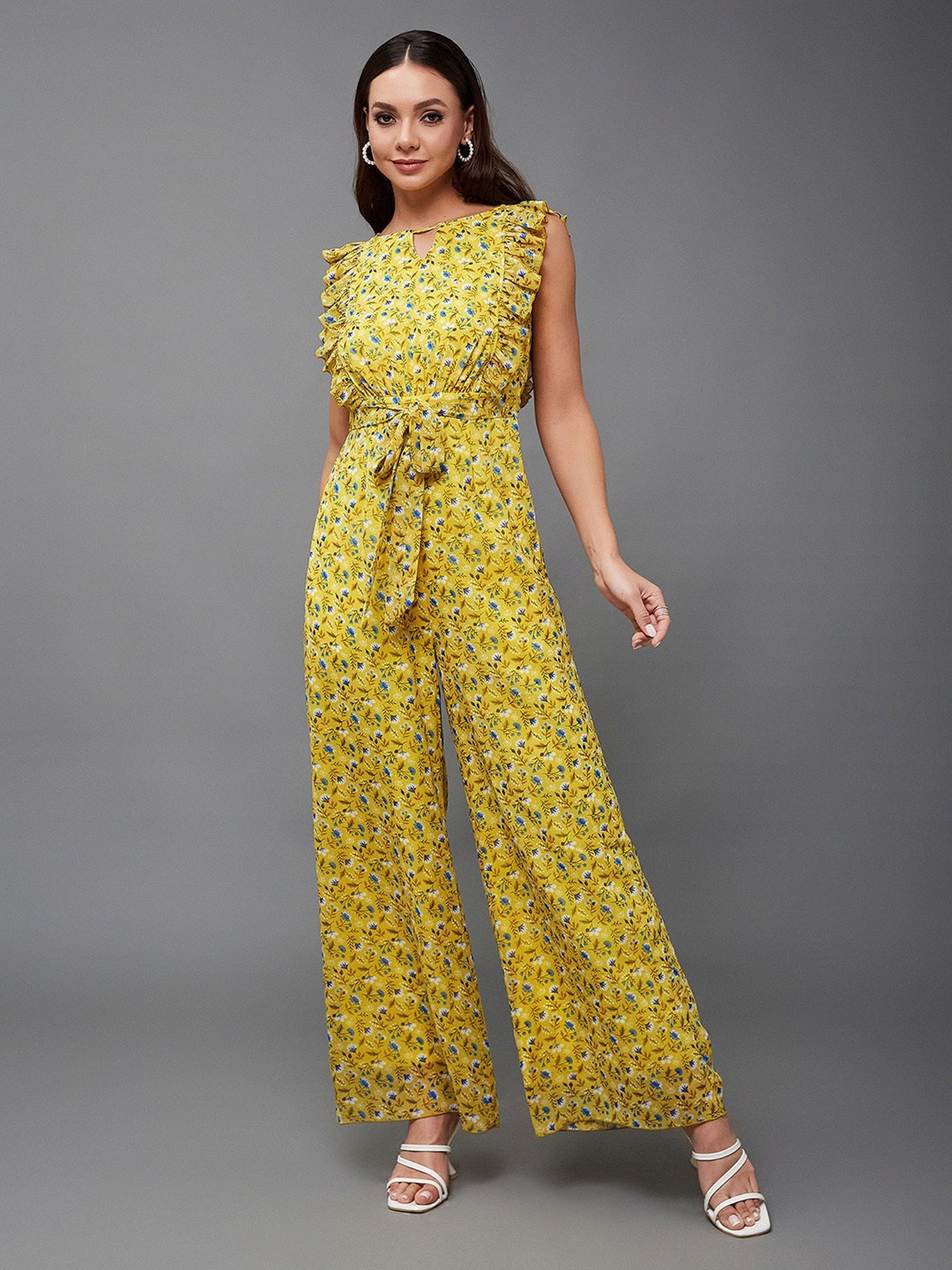 Miss Chase Yellow & Blue Georgette Floral Print Jumpsuit