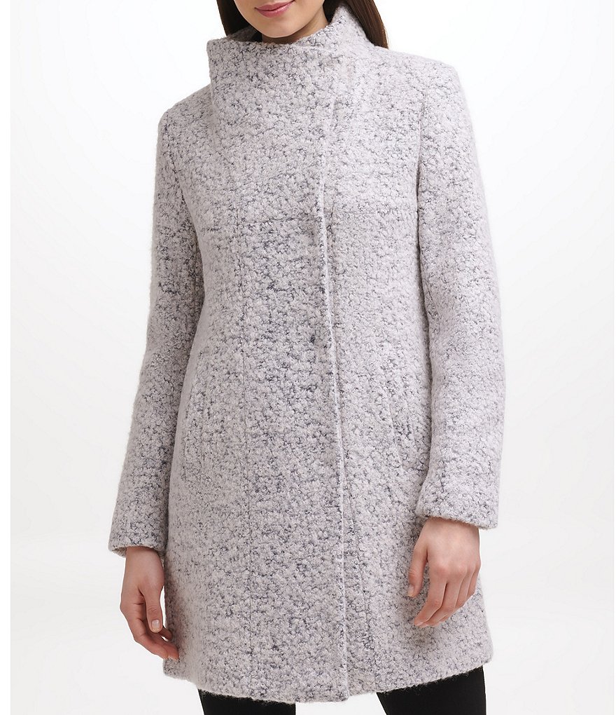 Kenneth Cole New York Asymmetrical Pressed Boucle Wool Wide Lapel Collar Coat