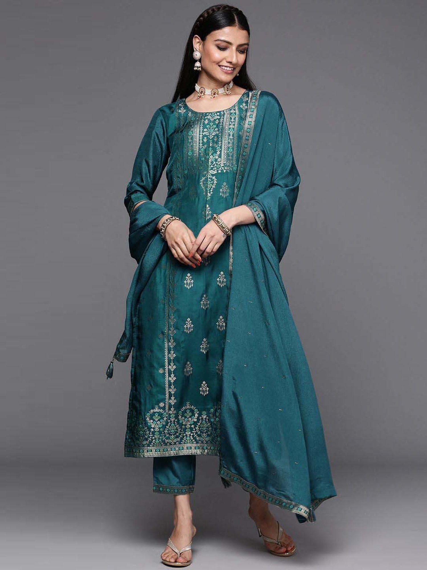 Libas Blue Woven Pattern Kurta Pant Set With Dupatta