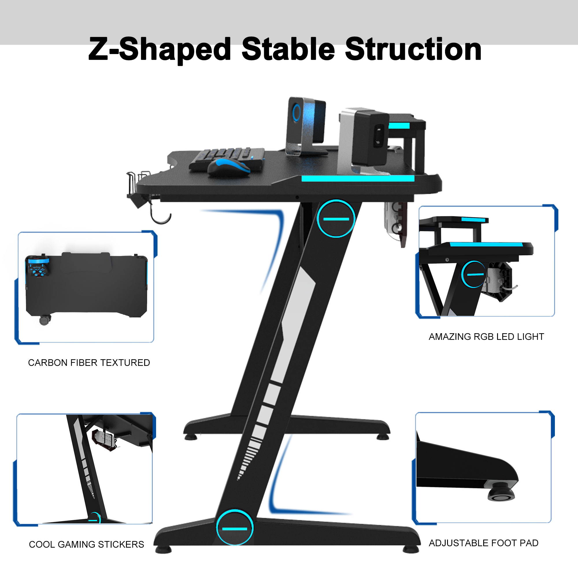 43'' Z-Shaped Gaming Desk E-Sport Gamer Workstation Ergonomic PC Gaming Table with LED Lights,Large Carbon Fiber Surface,Game Handles Holder,Cup Holder,Headphone Hook and Cable Management
