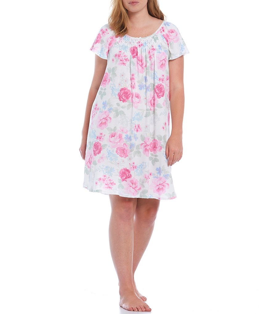 Miss Elaine Plus Cottonessa Floral Print Knit Short Nightgown