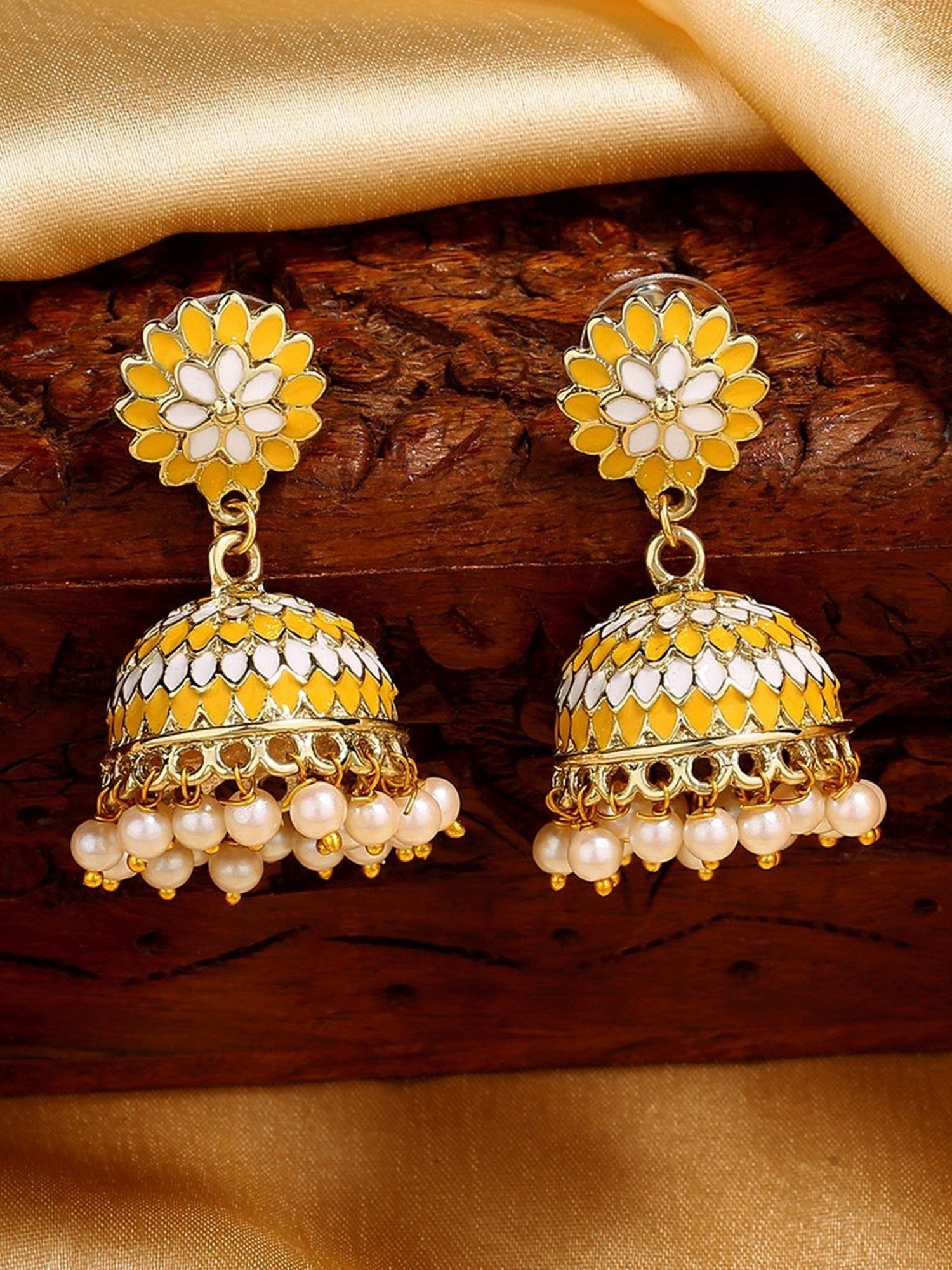Estele Gold-Plated Traditional Yellow Meenakari Jhumki Earrings