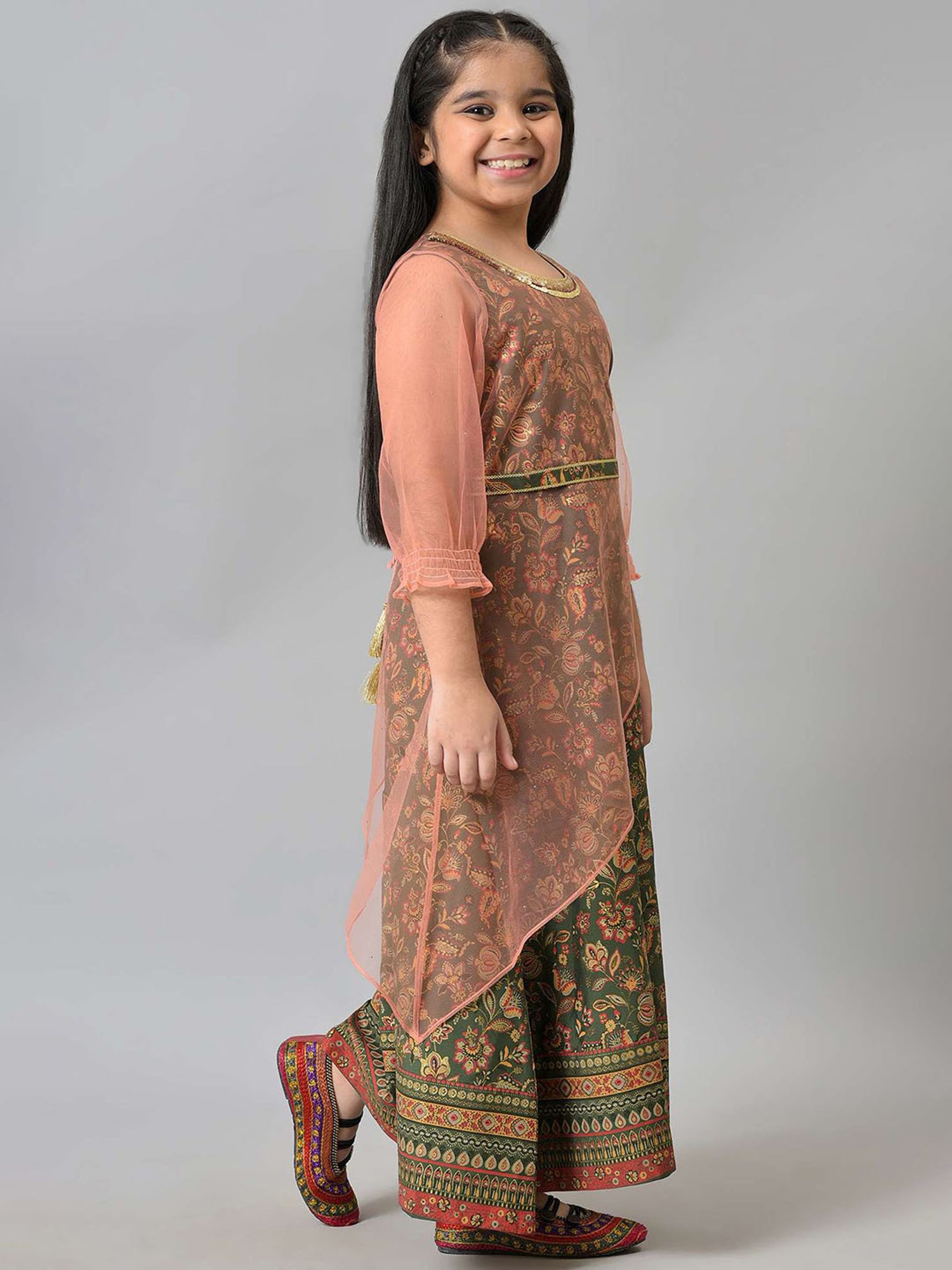 Aurelia Kids Green & Peach Floral Print Dress