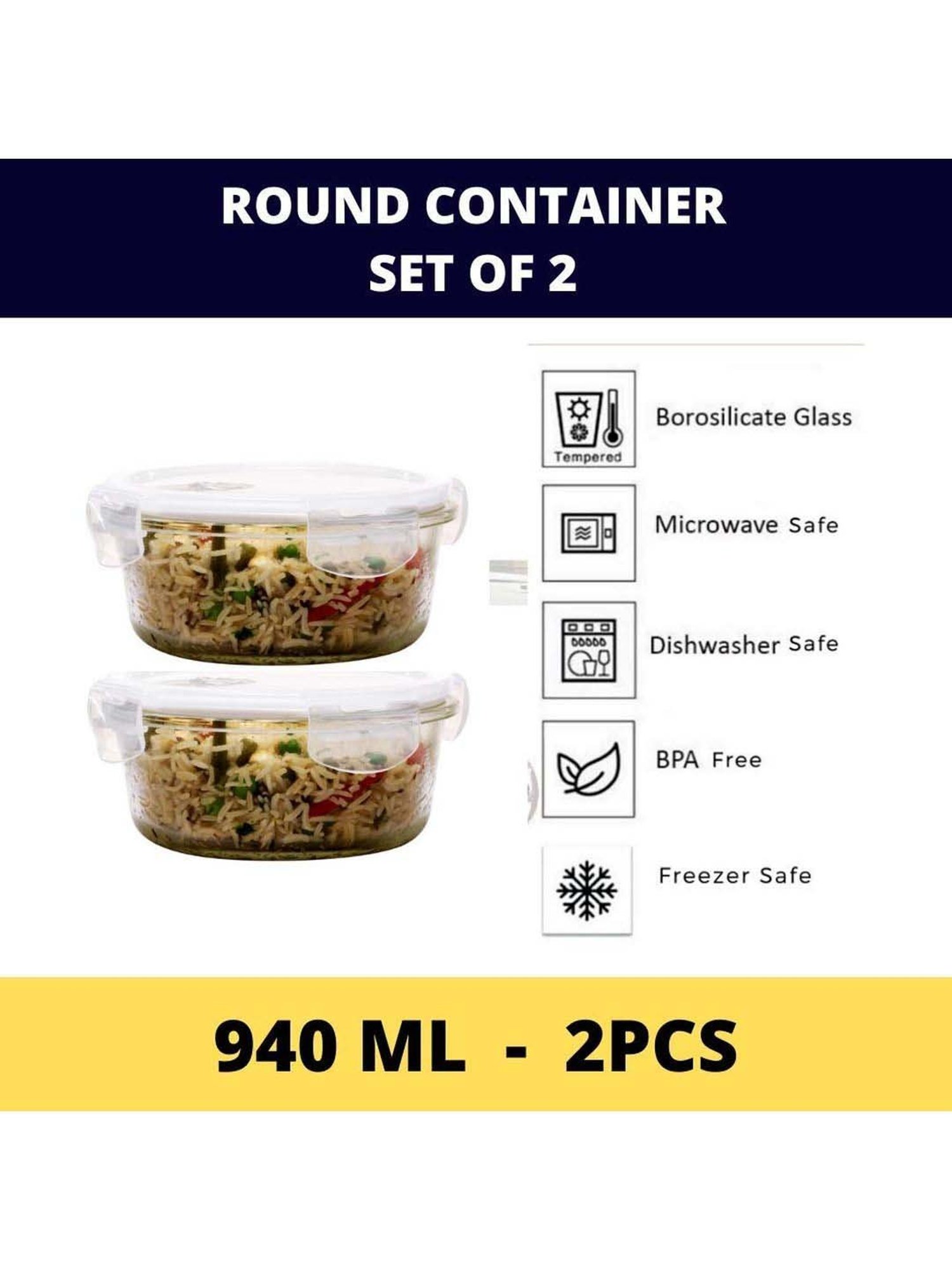 Femora Borosilicate Glass Round Storage Containers with Air Vent Lid (940 ml) - Set of 2