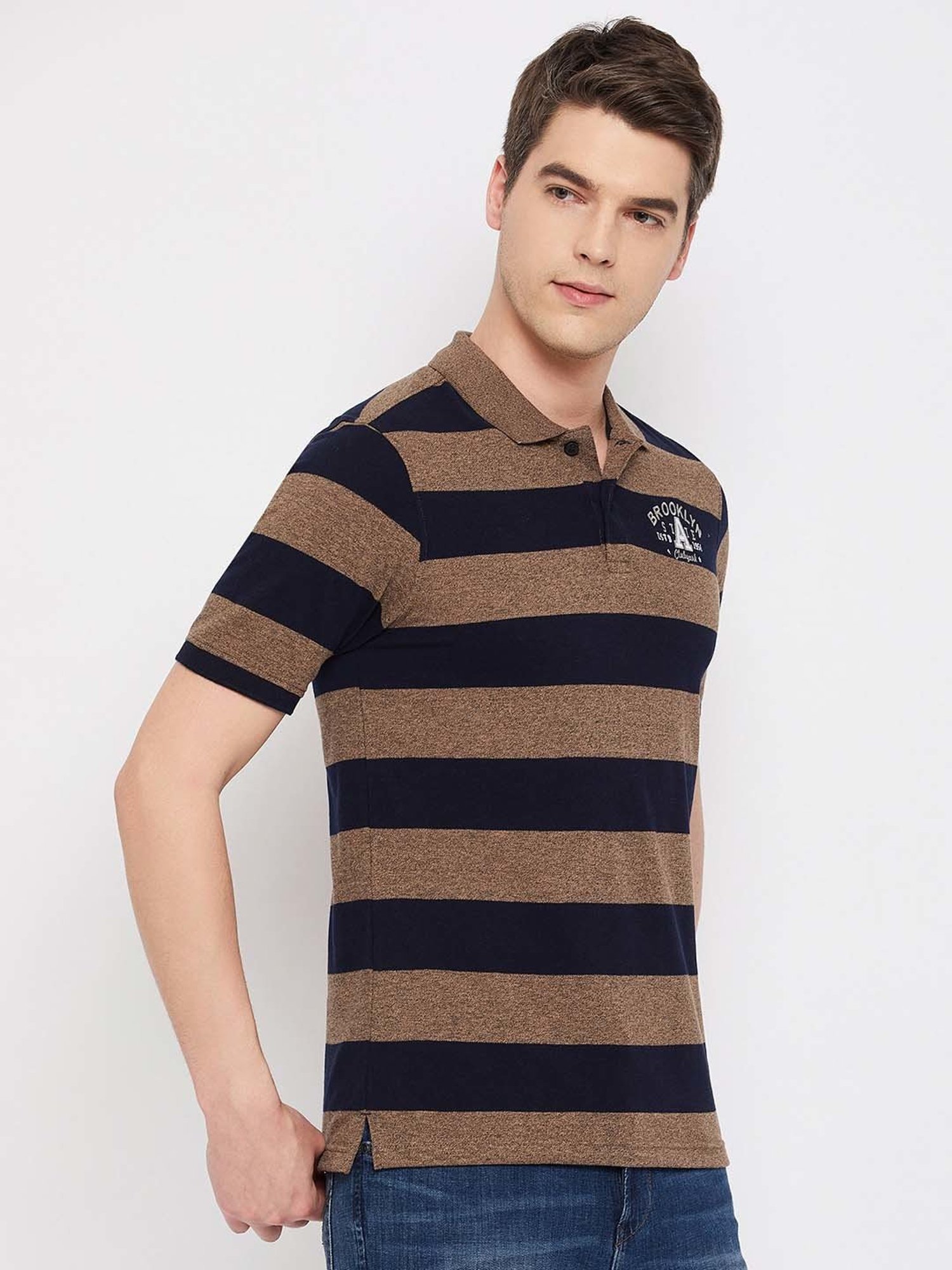 Club York Brown Regular Fit Striped Polo T-Shirt