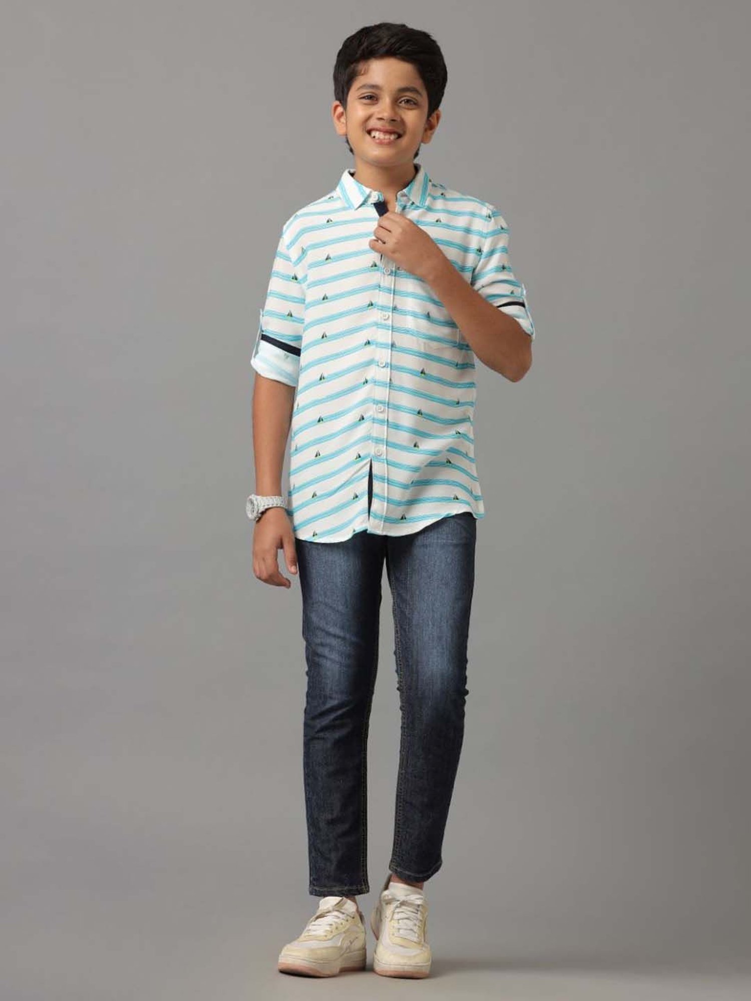 Under Fourteen Only Kids Green Printed Full Sleeves Shirt