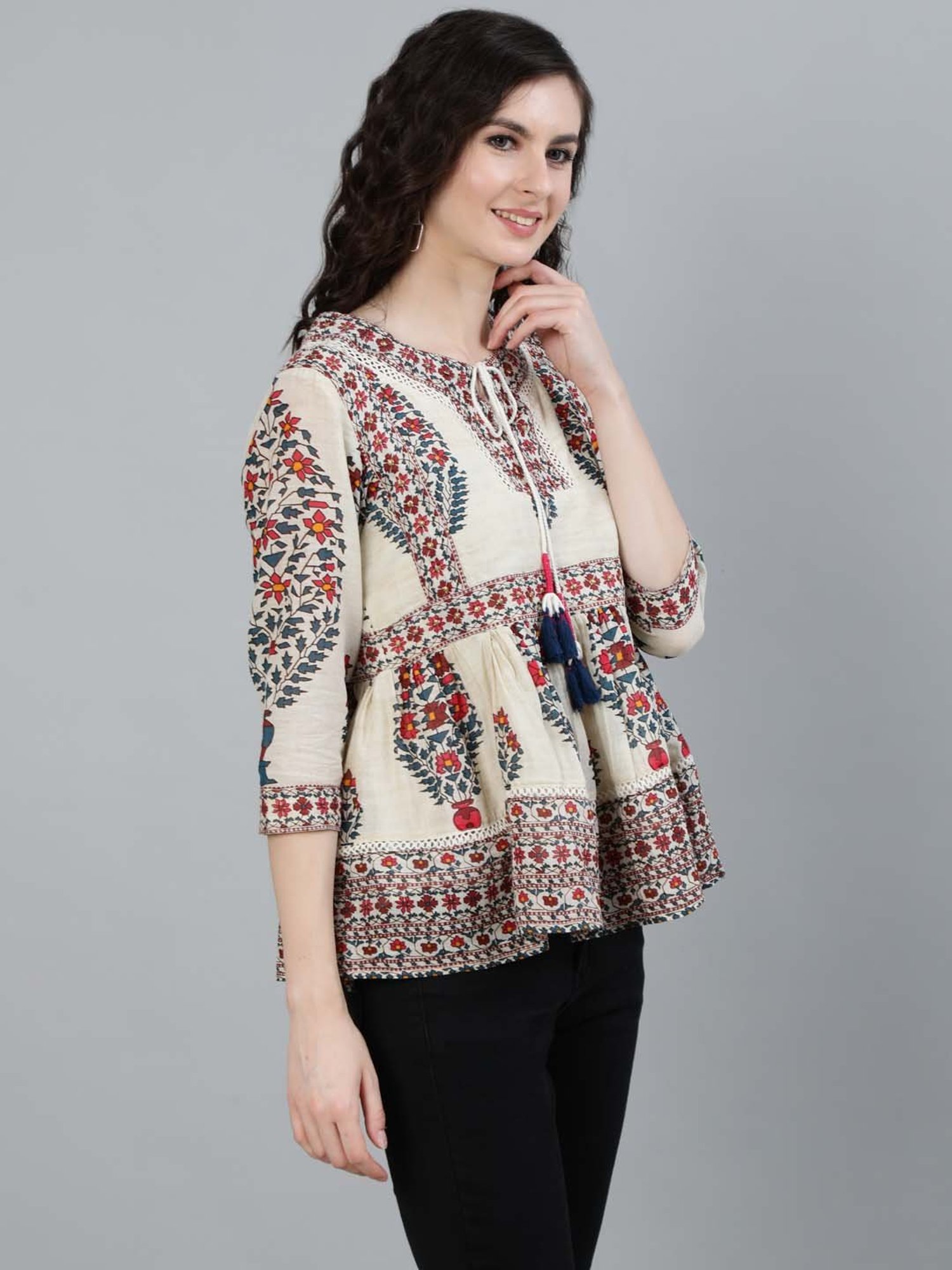 Ishin Beige Pure Cotton Embellished Top