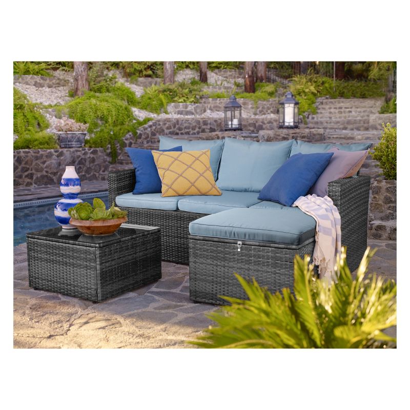 3pc Rio All-Weather Wicker Conversation set with Storage Gray/Blue - Thy Hom