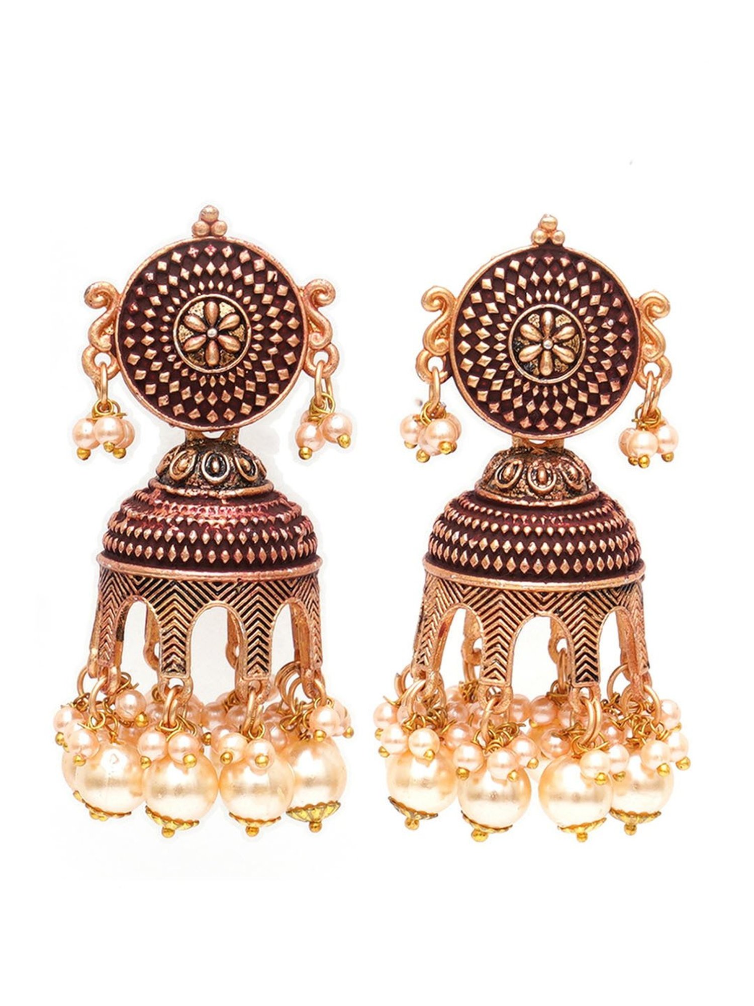 Karatcart Antique Gold-Plated Maroon Tomb Style with Golden Pearl Jhumki Earrings for Women
