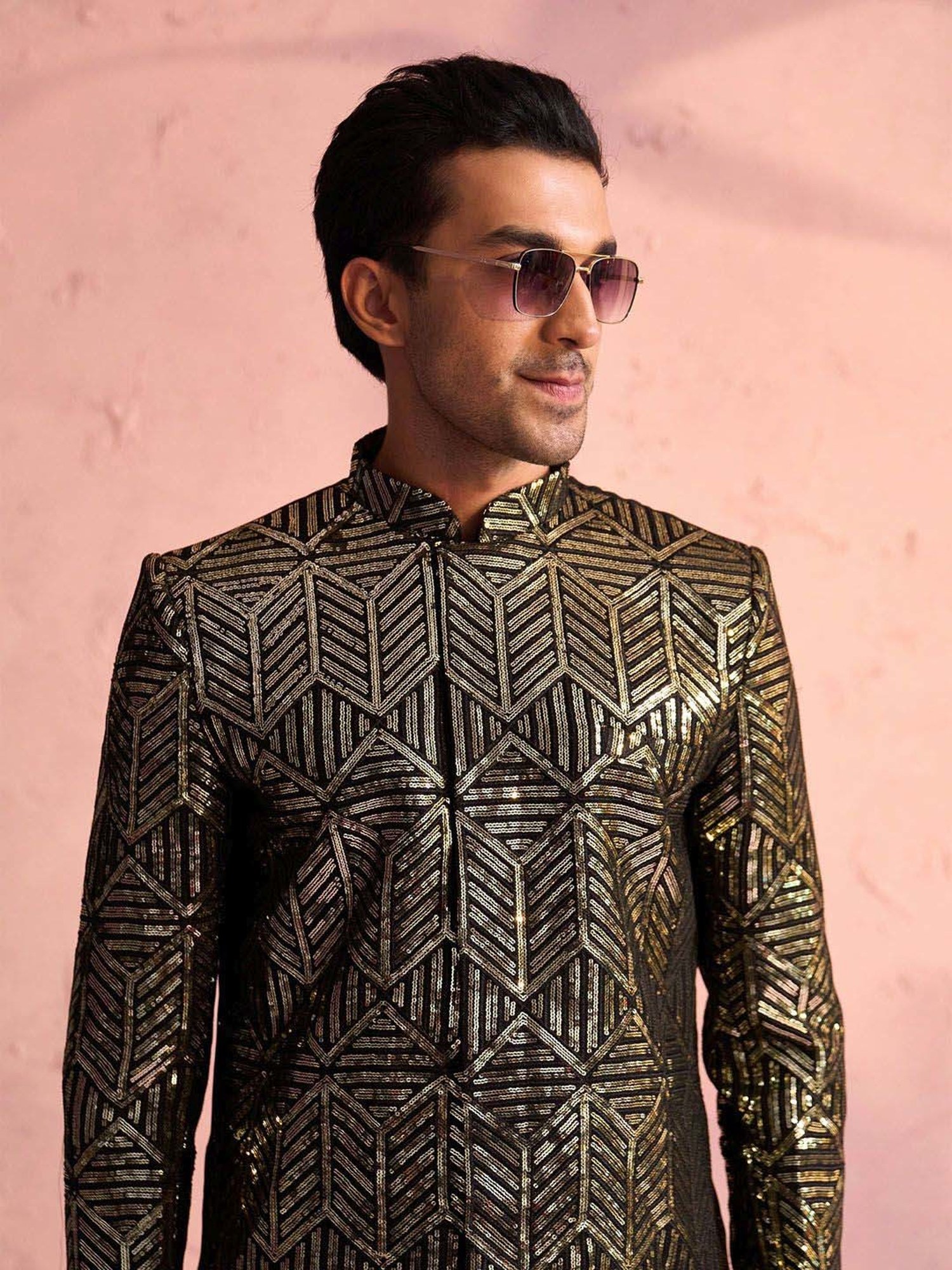 Vastramay Black Regular Fit Embroidered Sherwani Set