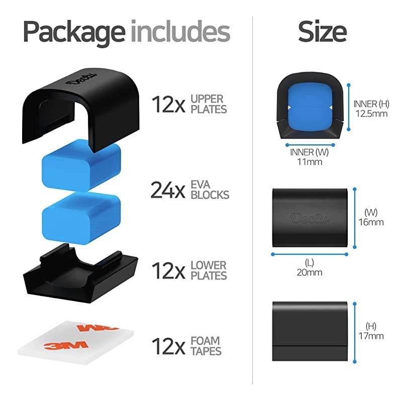 12 Pack Cable Clip with Eva Foam and Strong Adhesive Tape  Cable Tok Multipurpose Wire Management Drop for Home Office Car and Desk Convenient Cord Holder Organizer Gift for Family Black