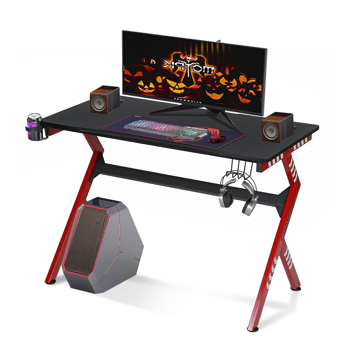 43" Computer Gaming Desk Carbon Fiber Surface with Headset & Cup Holder PC Table