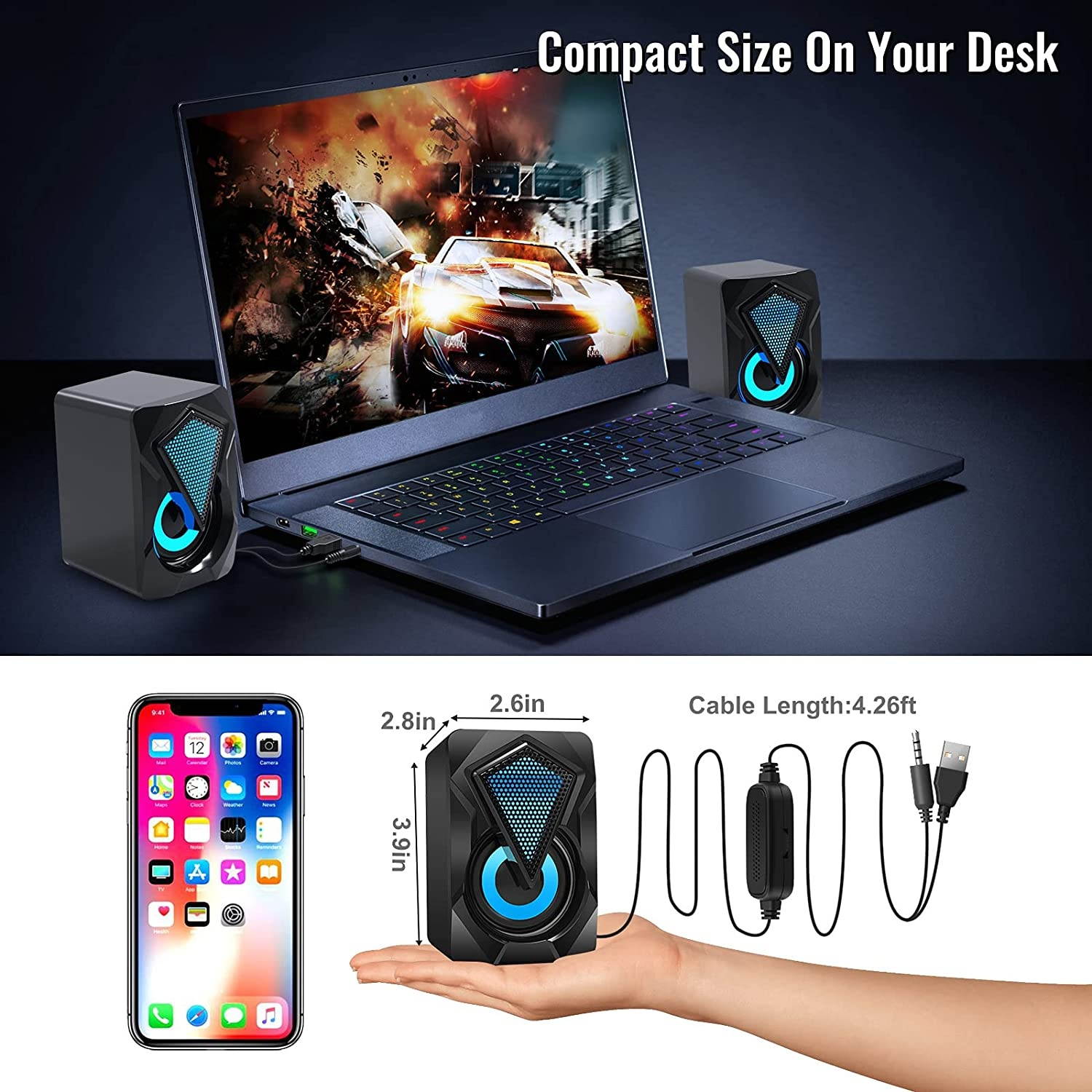 Computer Speakers,Wired 2.0 USB Powered PC Speakers Stereo Mini Multimedia Volume Control,Gaming RGB Lights 3.5mm Jack Speakers for PC Desktop Laptop Monitor