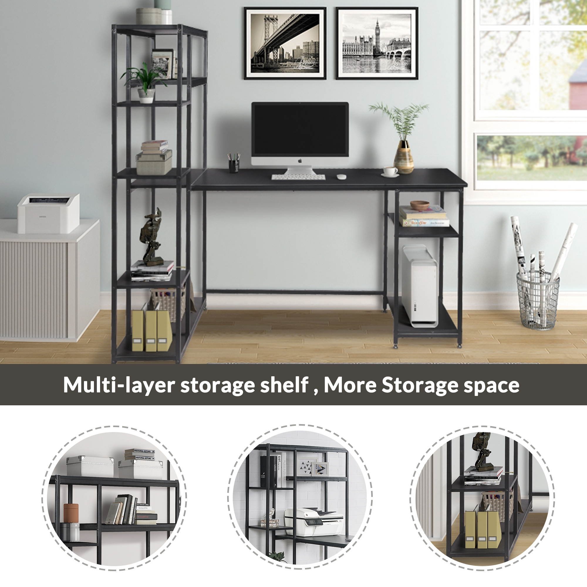 Home Office Computer Desk, UHOMEPRO Modern Large Study Table PC Laptop Writing Desk Workstation with Hutch Bookshelf, 62.9"L x 35.4"W x 57.8"H, Brown