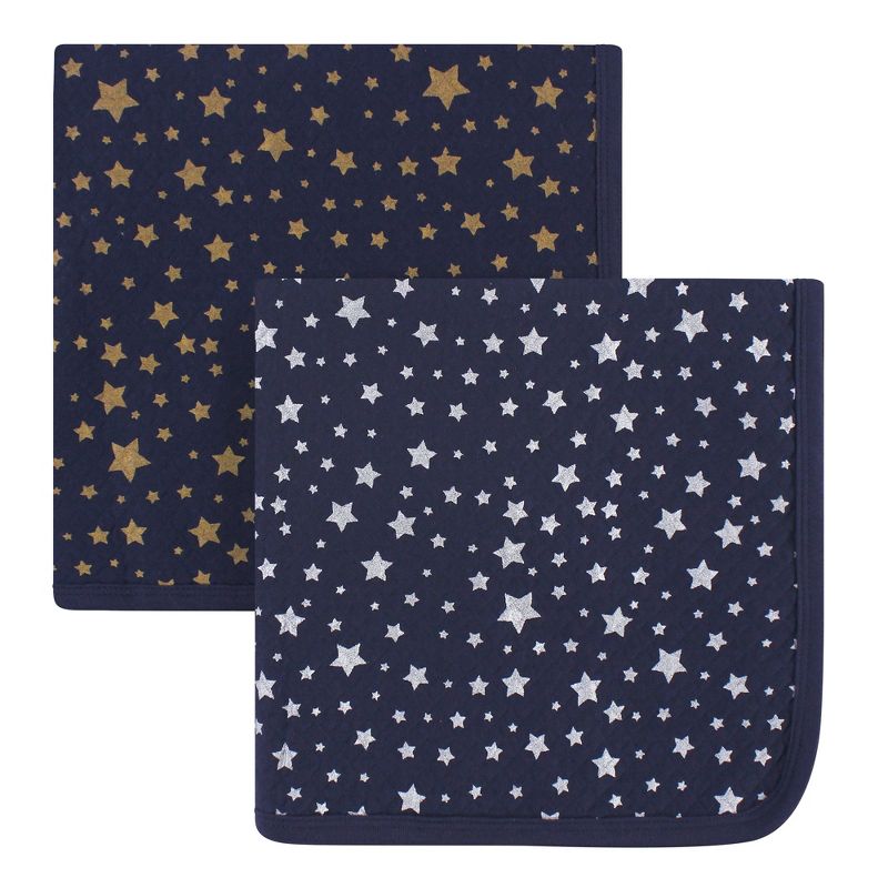 Hudson Baby Infant Quilted Multi-Purpose Swaddle, Receiving, Stroller Blanket, Metallic Stars 2-Pack, One Size