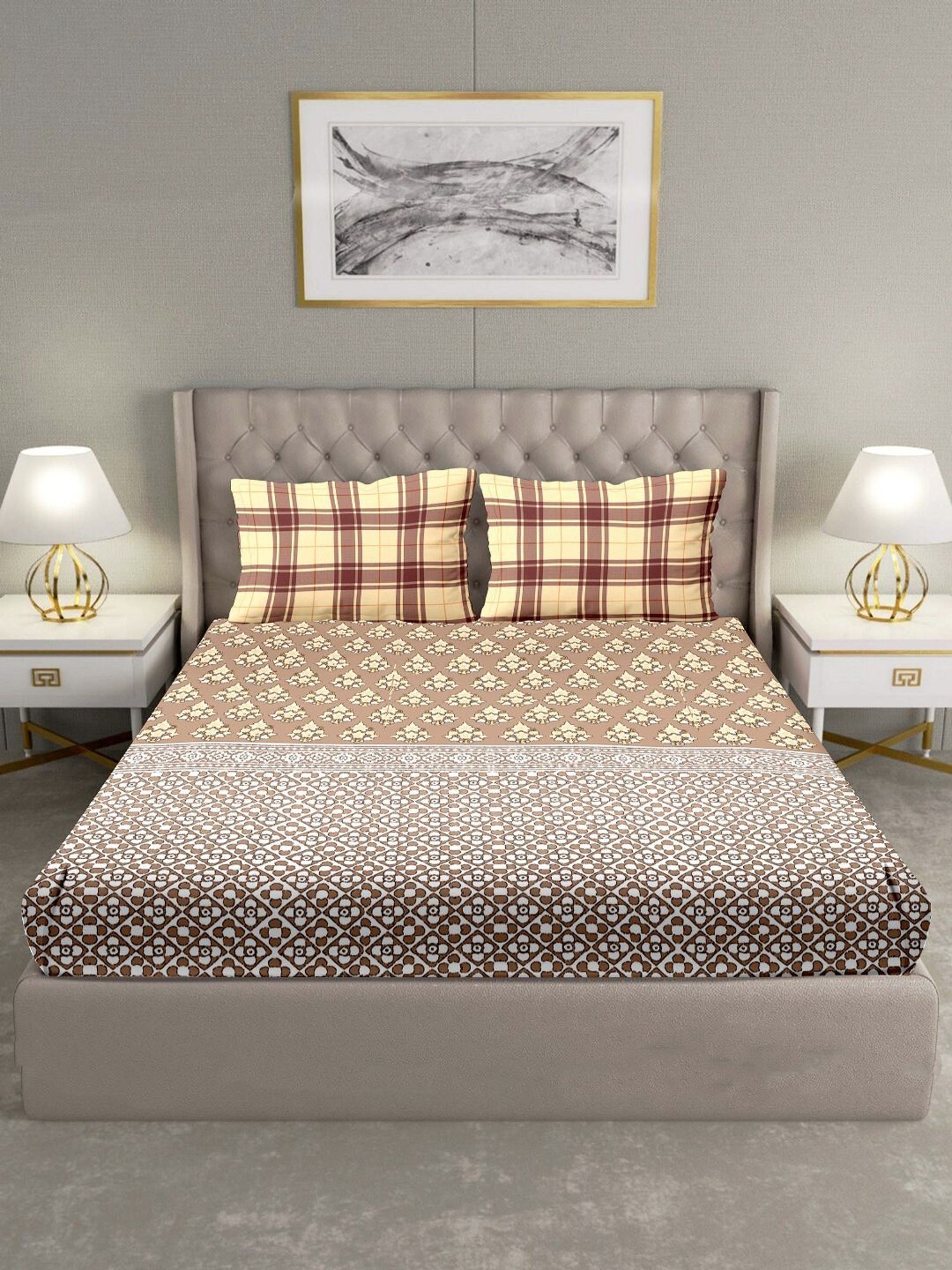 BELLA CASA Blueberry Printed Brown 180 TC Cotton King Bedsheet with 2 Pillow Covers