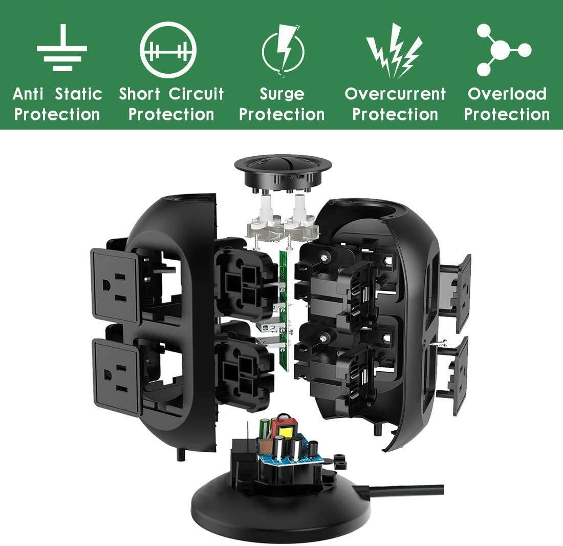 EyGde Power Strip Tower Surge Protector, Multi Plug Outlet with 10Ft Long Extension Cord+Power Strip Tower EyGde Surge Protector Electric Charging Station, 12 AC Outlets with 4 Individual ON/Off Switc