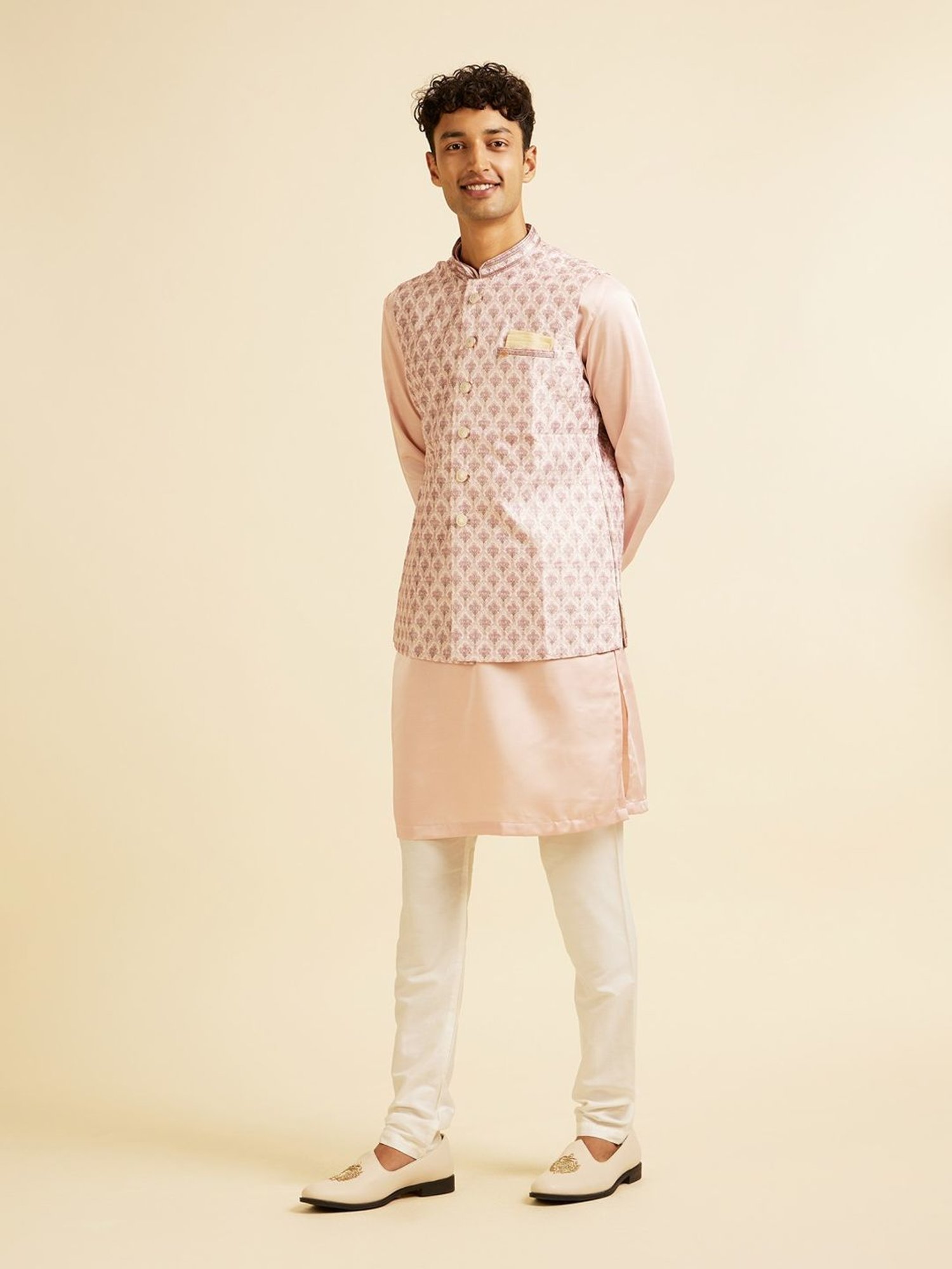 Manyavar Peach Regular Fit Floral Print Nehru Jacket