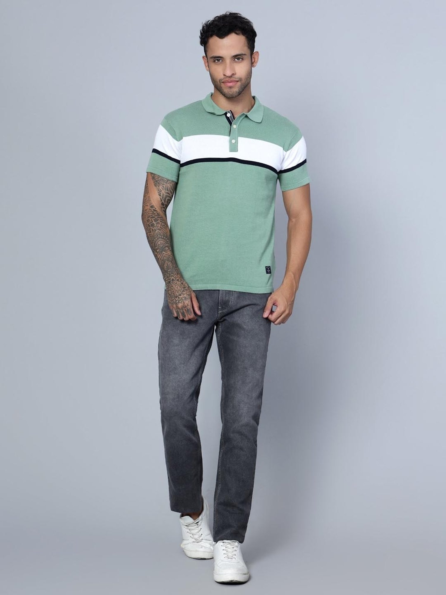 Cantabil Light Green Cotton Regular Fit Striped Polo T-Shirt