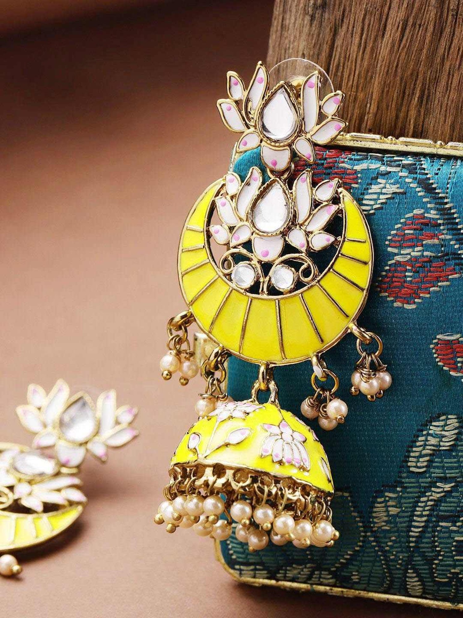 Priyaasi Floral Yellow & White Chand Bali Earrings