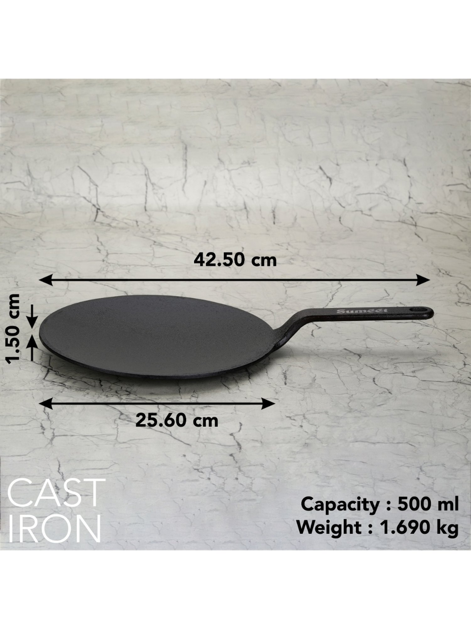 Sumeet Gold Series Pre Seasoned Cast Iron Concave Tawa for Roti 27cm 1.8kg, Gas & Induction-Friendly